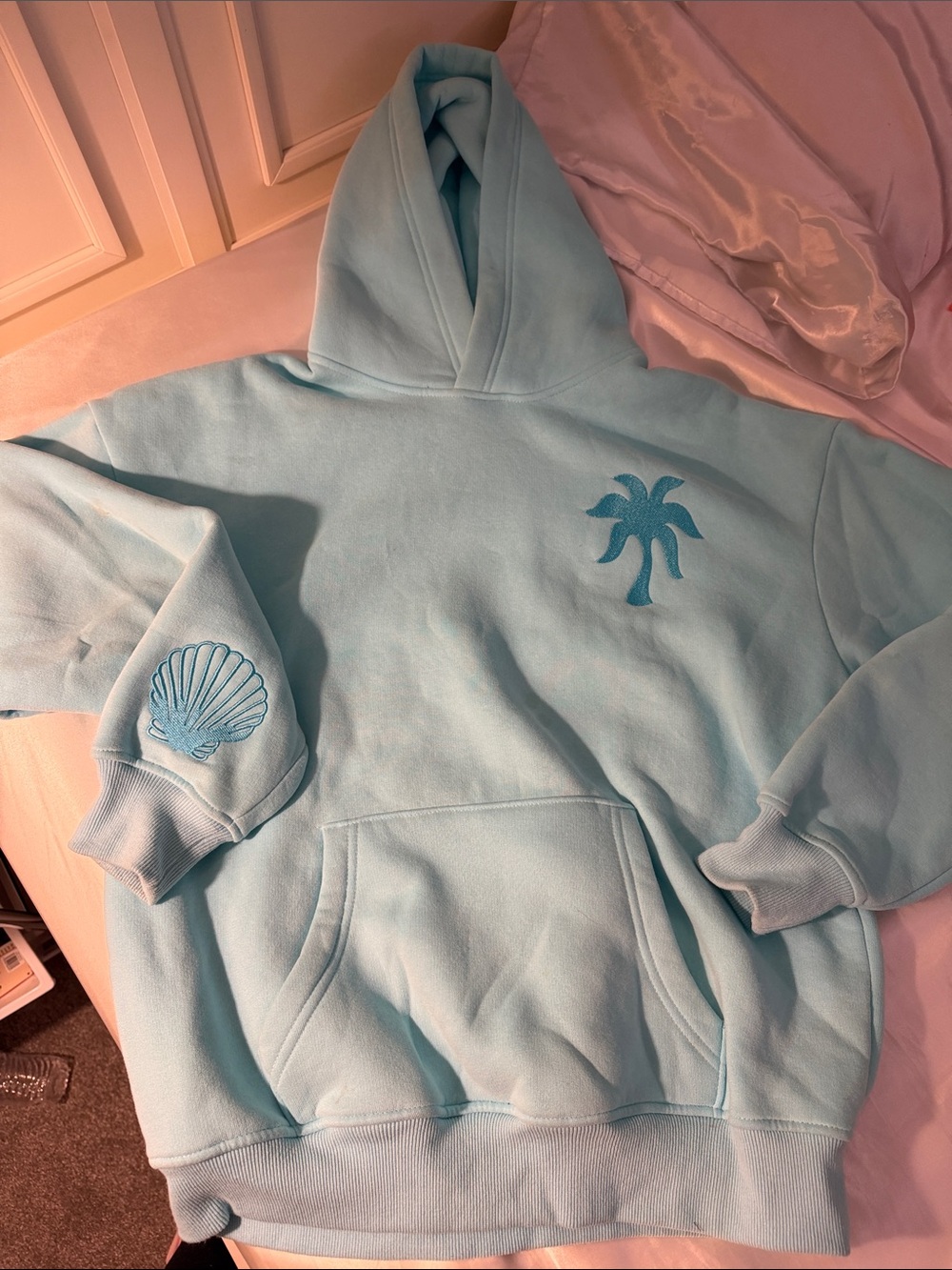 Pink palm puff aqua pullover hoodie